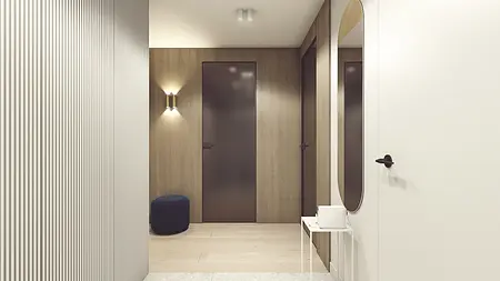 Przedpokój z minimalistycznym wystrojem, drewnianą ścianą, lustrem i oświetleniem