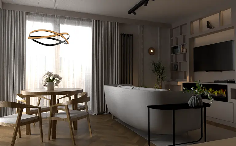 Wnętrze salonu w stylu soft minimalizm i współczesnym z jasnymi meblami.
