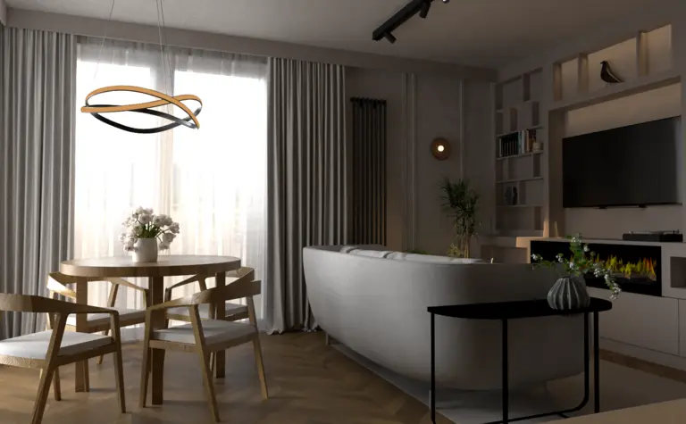Wnętrze salonu w stylu soft minimalizm i współczesnym z jasnymi meblami.