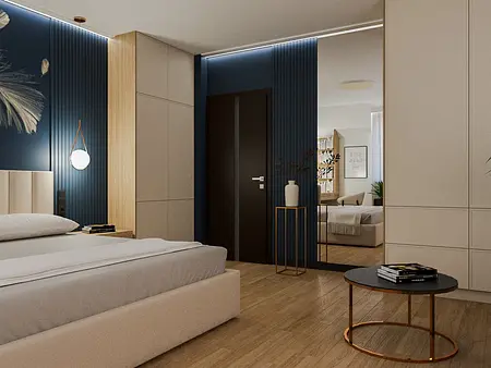Sypialnia z niebieską ścianą, drewnianą podłogą i nowoczesnym oświetleniem w stylu quiet luxury.