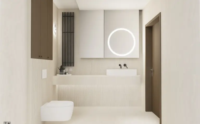 Nowoczesna łazienka z minimalistycznym designem, białymi meblami i drewnianymi detalami.