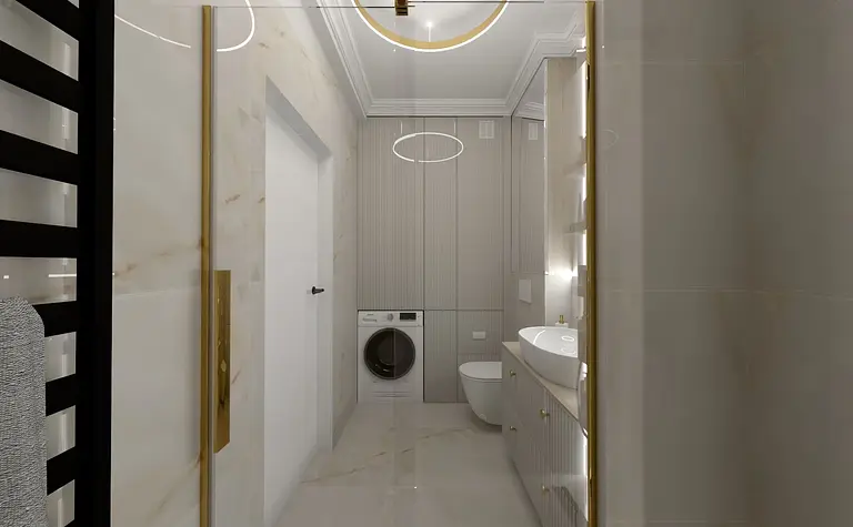 Nowoczesna łazienka w stylu art deco i glamour z białą umywalką