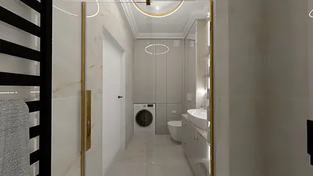 Nowoczesna łazienka w stylu art deco i glamour z białą umywalką