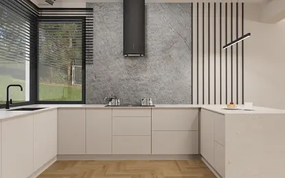 Kuchnia w stylu industrialnym i nowoczesnym z beżowymi meblami i szarym blatem.