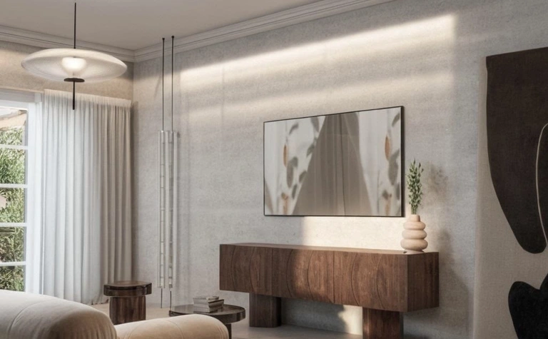 Wnętrze salonu w stylu art deco, japandi i vintage z drewnianą komodą.
