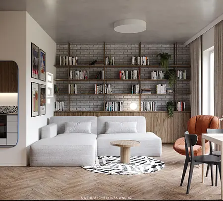 Wnętrze salonu eklektycznego z industrialnymi i vintage akcentami.