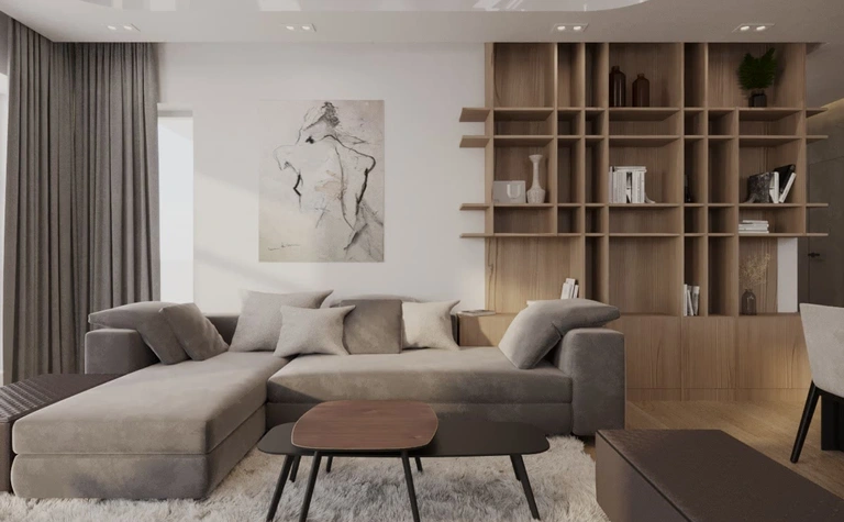 Nowoczesny salon w stylu glamour z szarymi meblami i drewnianą półką.