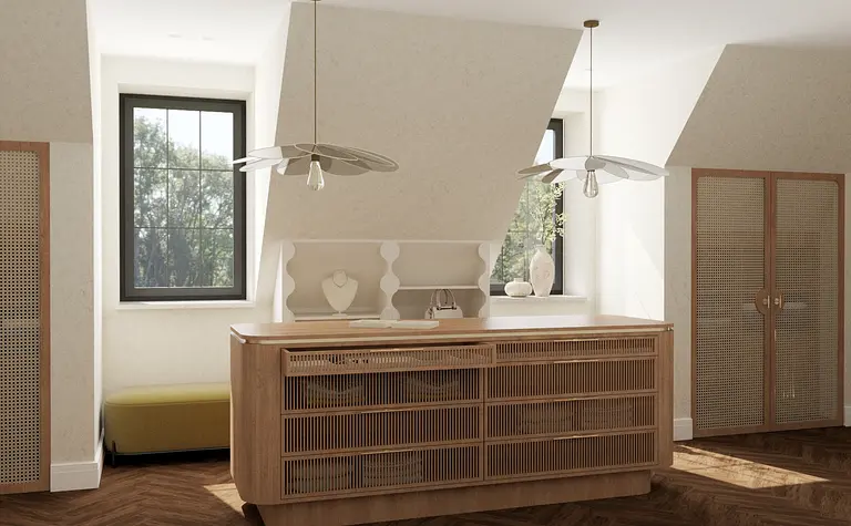 Wnętrze z drewnianym blatem, białymi meblami i lampami w stylu art deco, eklektycznym, soft minimalizm.