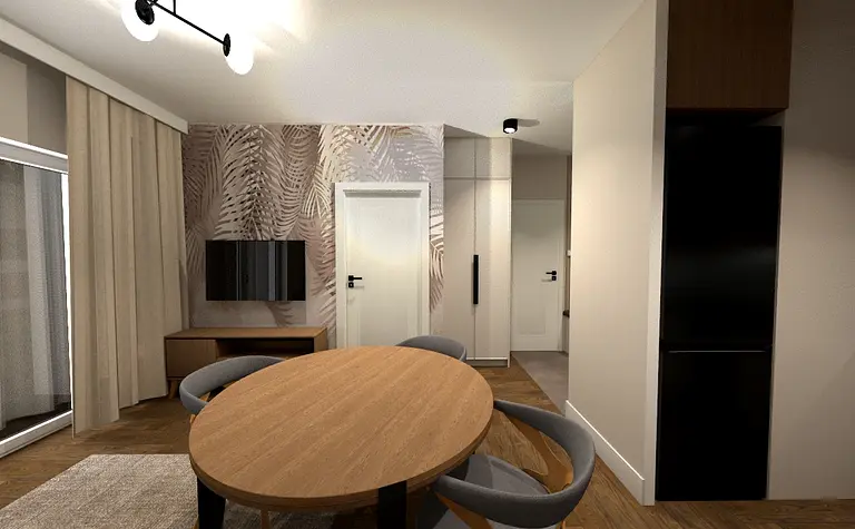 Współczesna jadalnia z okrągłym stołem i drewnianymi meblami.