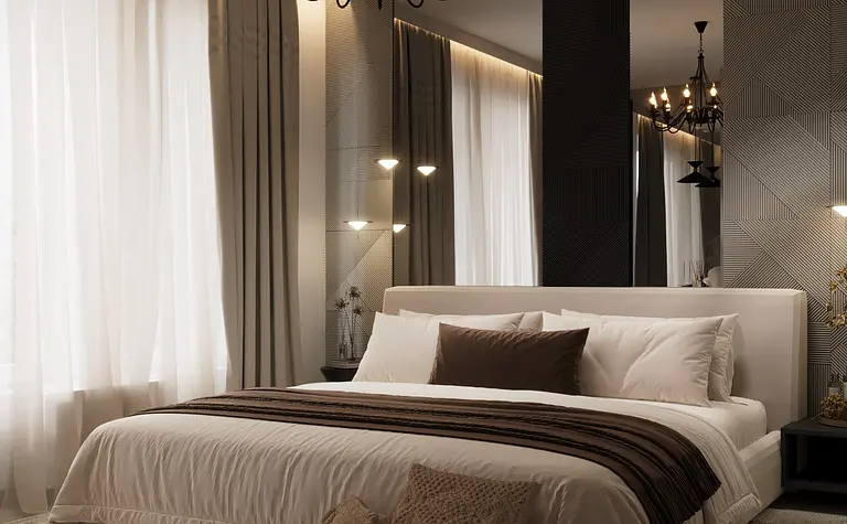Sypialnia w stylu eklektycznym i minimalistycznym z glamour detalami.