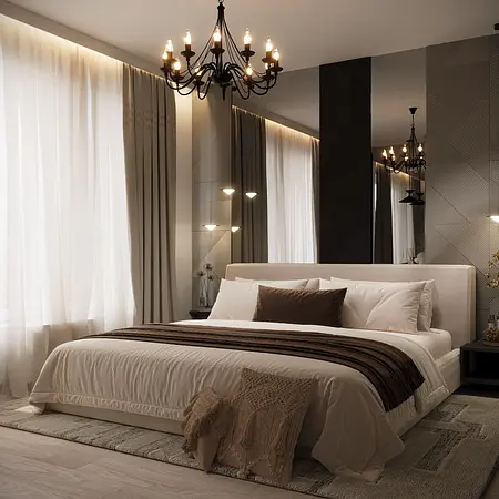 Sypialnia w stylu eklektycznym i minimalistycznym z glamour detalami.