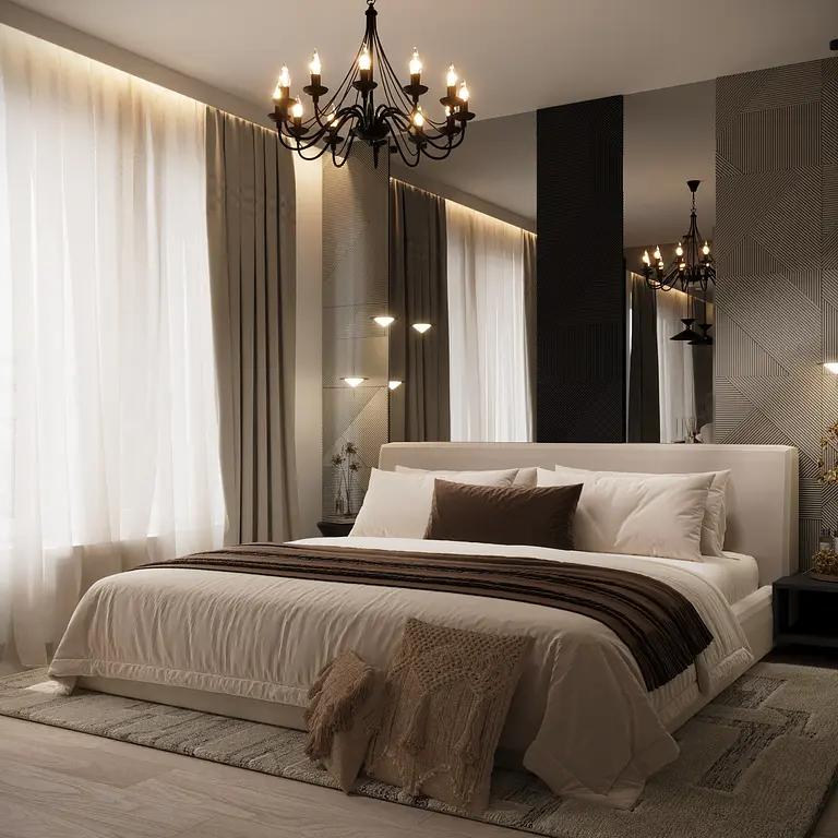 Sypialnia w stylu eklektycznym i minimalistycznym z glamour detalami.
