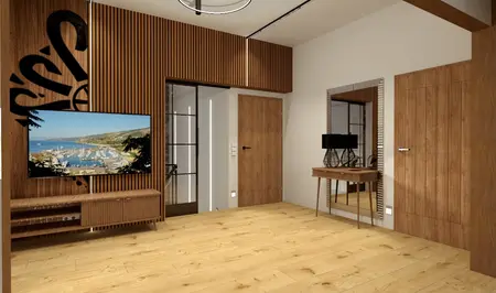 Wnętrze pokoju z drewnianymi ścianami, telewizorem i lustrem, styl rustykalny.