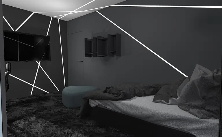 Wnętrze sypialni z ciemnymi ścianami, telewizorem i nowoczesnym wyposażeniem. Dopamine decor, industrialny.
