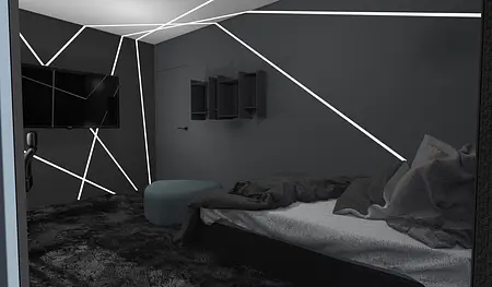 Wnętrze sypialni z ciemnymi ścianami, telewizorem i nowoczesnym wyposażeniem. Dopamine decor, industrialny.