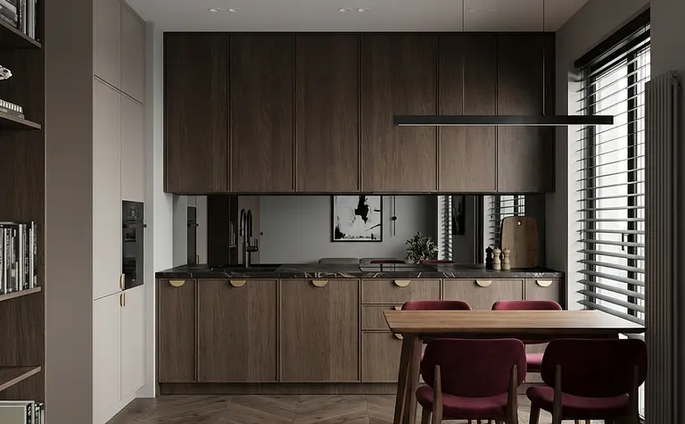 Wnętrze kuchni w stylu współczesnym z drewnianymi meblami i minimalistycznymi akcentami.