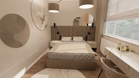 Nowoczesna sypialnia z beżowym łóżkiem, minimalistycznym wystrojem i drewnianą podłogą.