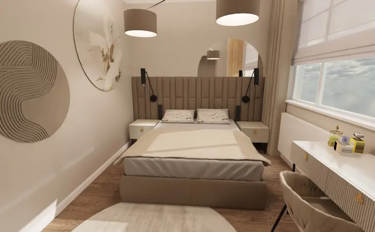 Nowoczesna sypialnia z beżowym łóżkiem, minimalistycznym wystrojem i drewnianą podłogą.