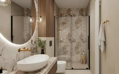 Nowoczesna łazienka z elementami glamour i minimaluxe, z lustrzanym blatem i szklanym prysznicem