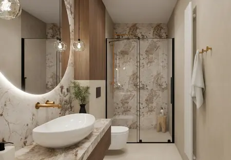 Nowoczesna łazienka z elementami glamour i minimaluxe, z lustrzanym blatem i szklanym prysznicem