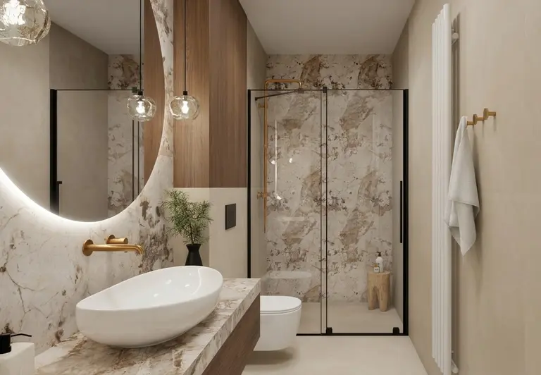 Nowoczesna łazienka z elementami glamour i minimaluxe, z lustrzanym blatem i szklanym prysznicem