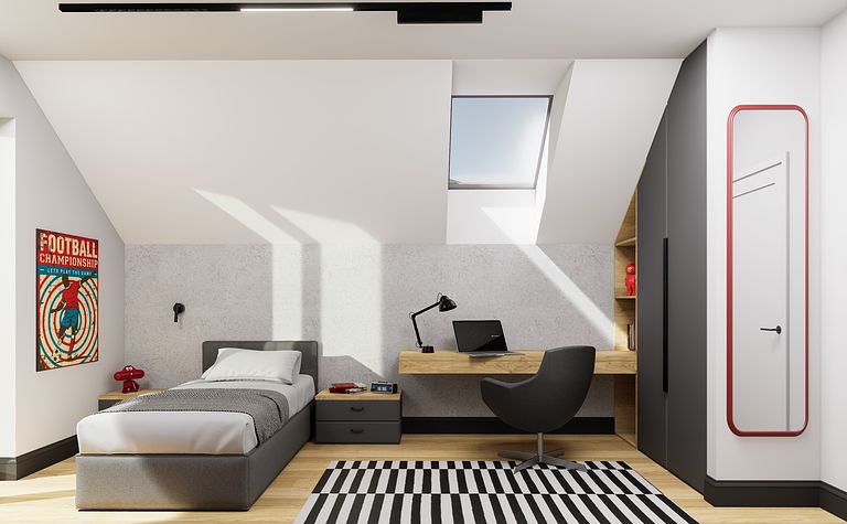 Poddasze z biurkiem, łóżkiem i eklektycznymi akcentami.