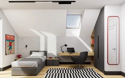 Poddasze z biurkiem, łóżkiem i eklektycznymi akcentami.