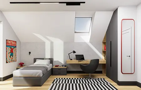 Poddasze z biurkiem, łóżkiem i eklektycznymi akcentami.