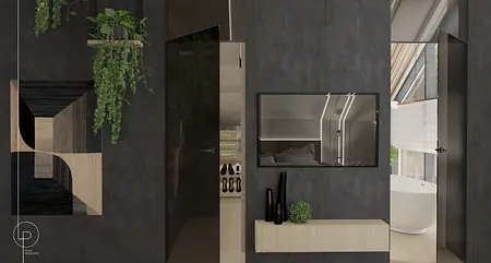 Wnętrze garderoby z minimalistycznym wystrojem, lustrami i roślinami.