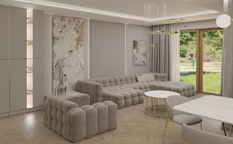 Wnętrze salonu w stylu nowoczesnym z beżową sofą, drewnianym stołem i współczesnymi dodatkami.