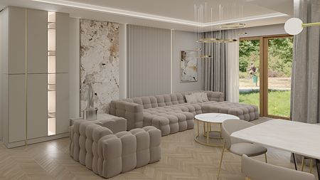 Wnętrze salonu w stylu nowoczesnym z beżową sofą, drewnianym stołem i współczesnymi dodatkami.