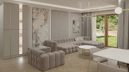 Wnętrze salonu w stylu nowoczesnym z beżową sofą, drewnianym stołem i współczesnymi dodatkami.