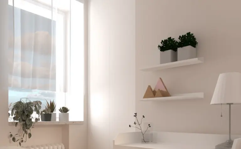 Minimalistyczny pokój z białymi ścianami, biurkiem i roślinami, styl soft minimalizm