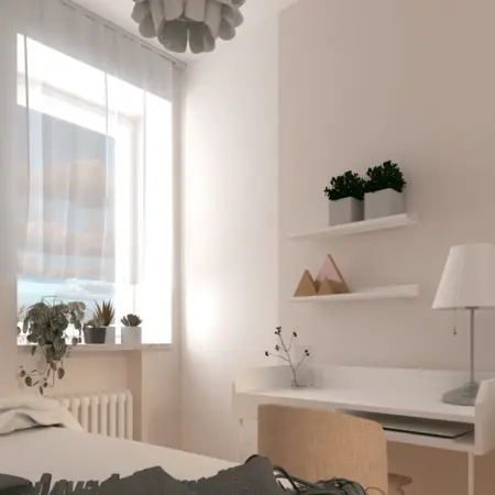 Minimalistyczny pokój z białymi ścianami, biurkiem i roślinami, styl soft minimalizm