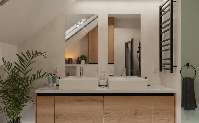 Nowoczesna łazienka z drewnianym blatem, dużymi lustrami i rośliną w doniczce.