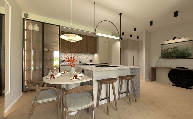 Nowoczesna kuchnia z drewnianymi meblami, szarym blatem i okrągłym stołem.