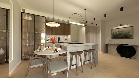 Nowoczesna kuchnia z drewnianymi meblami, szarym blatem i okrągłym stołem.