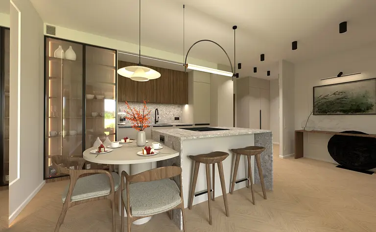 Nowoczesna kuchnia z drewnianymi meblami, szarym blatem i okrągłym stołem.