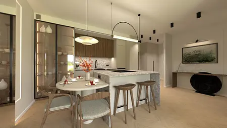 Nowoczesna kuchnia z drewnianymi meblami, szarym blatem i okrągłym stołem.