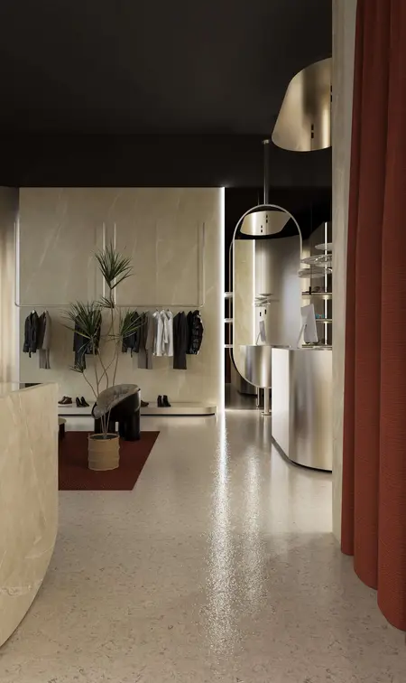 Wnętrze z minimalistycznym designem, glamour i quiet luxury, z rośliną i makietą odzieżową.