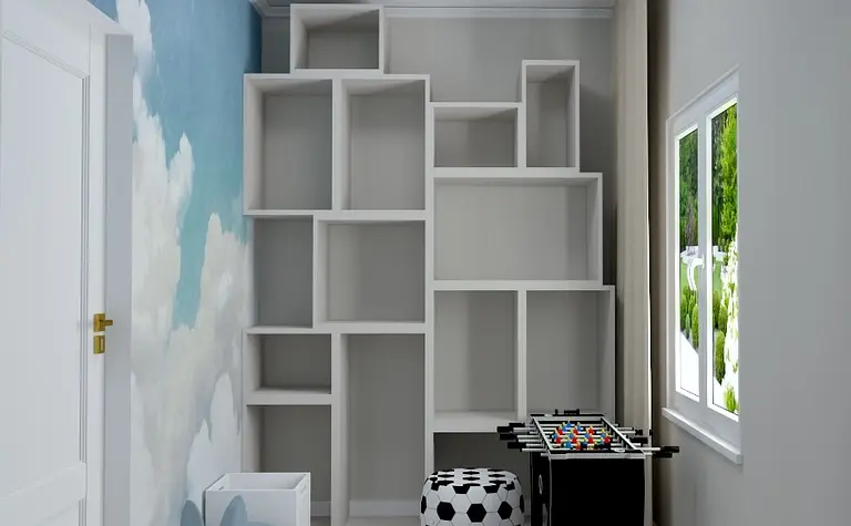 Pokój dla dzieci z niebieską ścianą chmur i nowoczesnym wyposażeniem