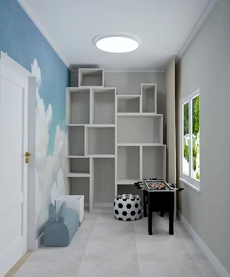 Pokój dla dzieci z niebieską ścianą chmur i nowoczesnym wyposażeniem