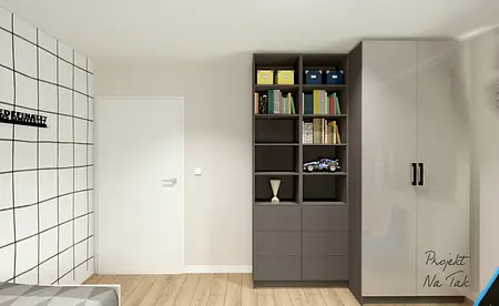 Wnętrze pokoju z szafą, regałem na książki i minimalistycznym stylem.