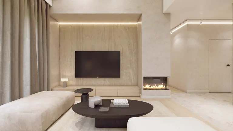 Wnętrze salonu w stylu japandi z minimalistycznym designem, kominkiem i nowoczesnymi meblami.