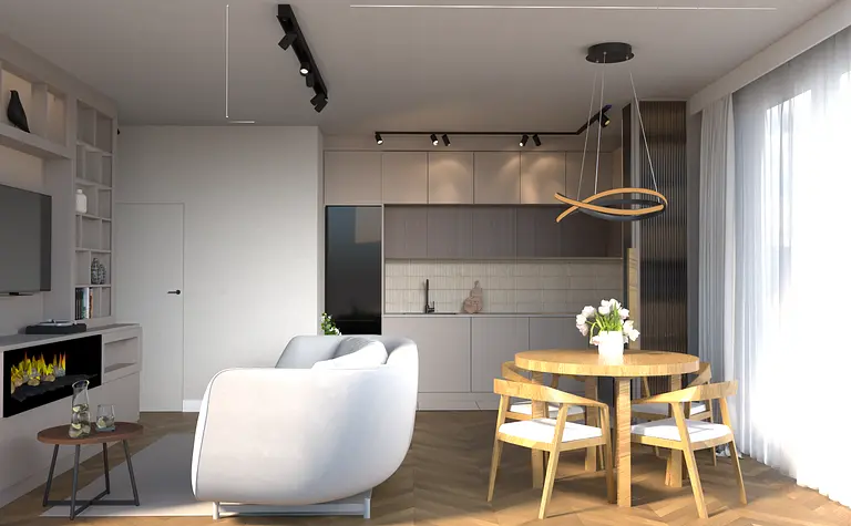 Nowoczesne wnętrze z kuchnią, salonem i jadalnią w stylu soft minimalizm