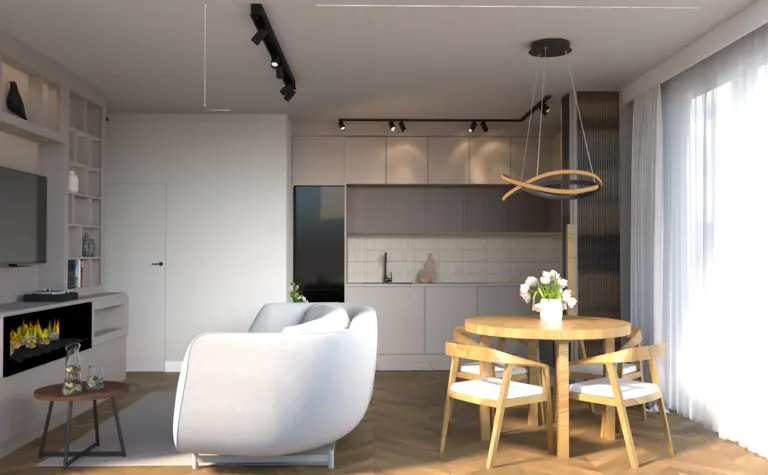 Nowoczesne wnętrze z kuchnią, salonem i jadalnią w stylu soft minimalizm