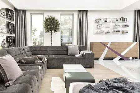 Wnętrze salonu z szarym narożnikiem, rośliną i nowoczesnymi meblami. Styl minimaluxe i quiet luxury.
