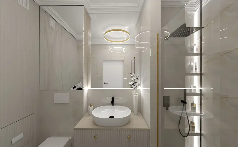 Nowoczesna łazienka w stylu art deco i glamour z białą umywalką i złotymi detalami.