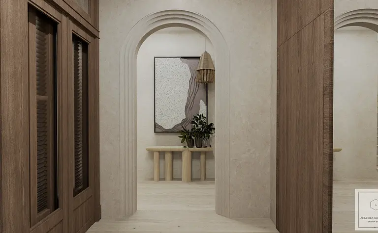 Wnętrze z elementami japandi, drewniane akcenty, rośliny i minimalistyczny design