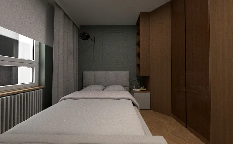 Współczesna sypialnia z brązową szafą i szarymi ścianami